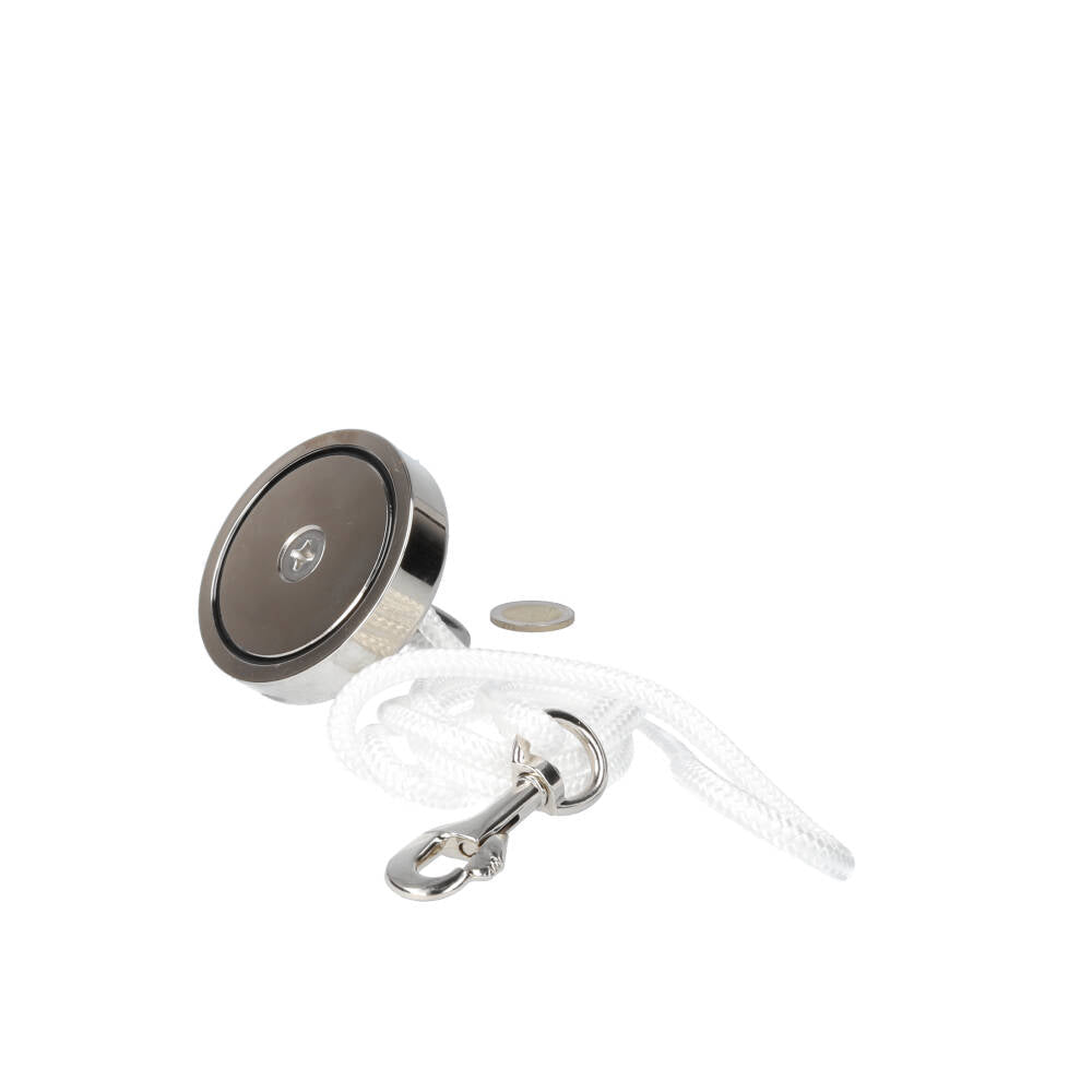 Neodymium Vismagneet Ø60 x 15 mm 130 kg Trekkracht NiCuNi – Set met 20 m Touw, Oogmoer, Bout en Musketon