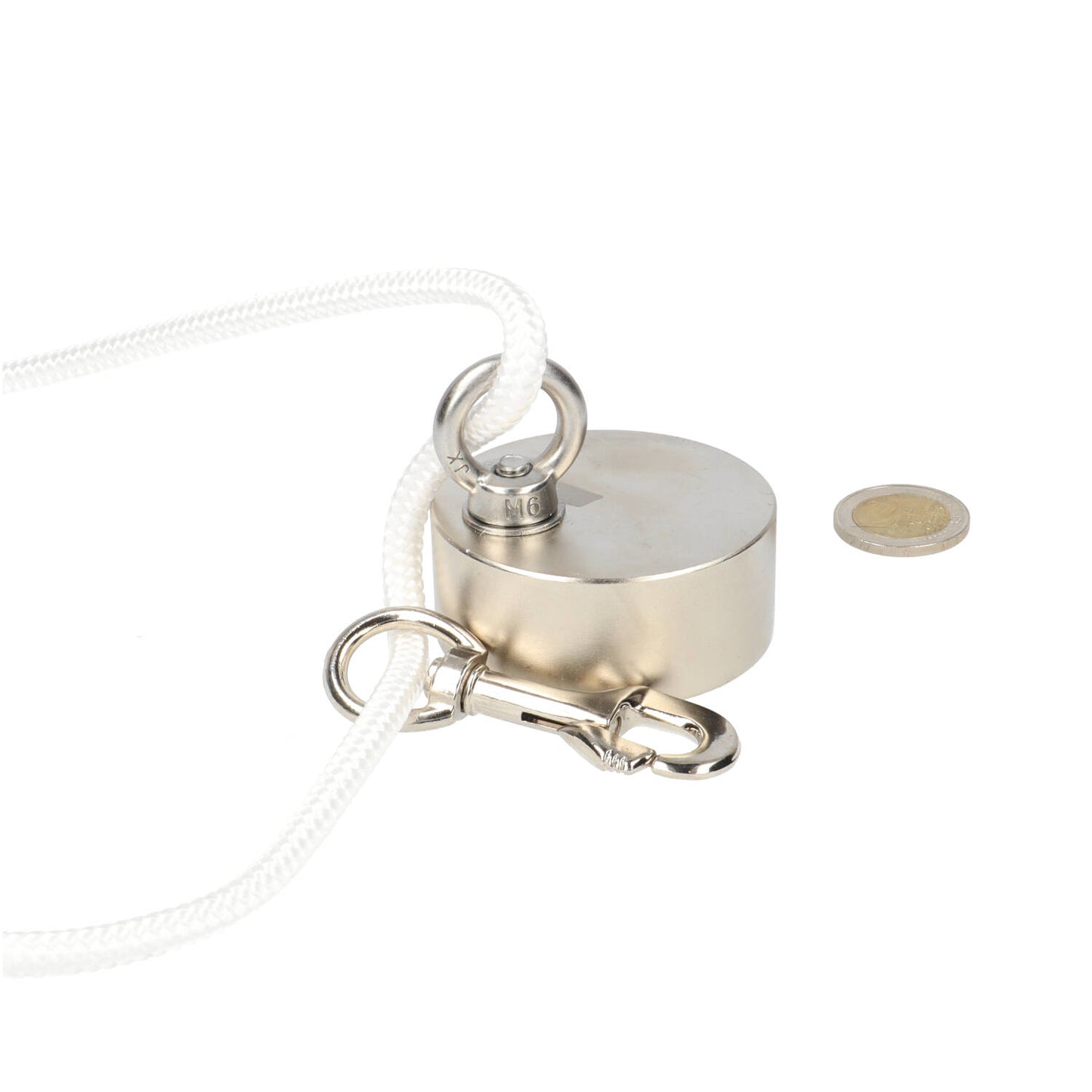 Neodymium Vismagneet Ø60 x 25 mm 210 kg Trekkracht NiCuNi – Set met 20 m Touw, Oogmoer, Bout en Musketon