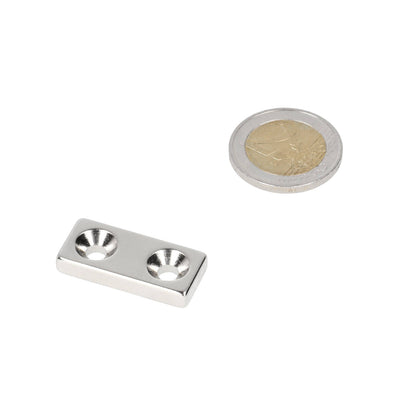 Neodymium Blokmagneet met boor-/verzinkgat (2x) 30 x 13,5 x 5 mm N48 NiCuNi Noord Pool