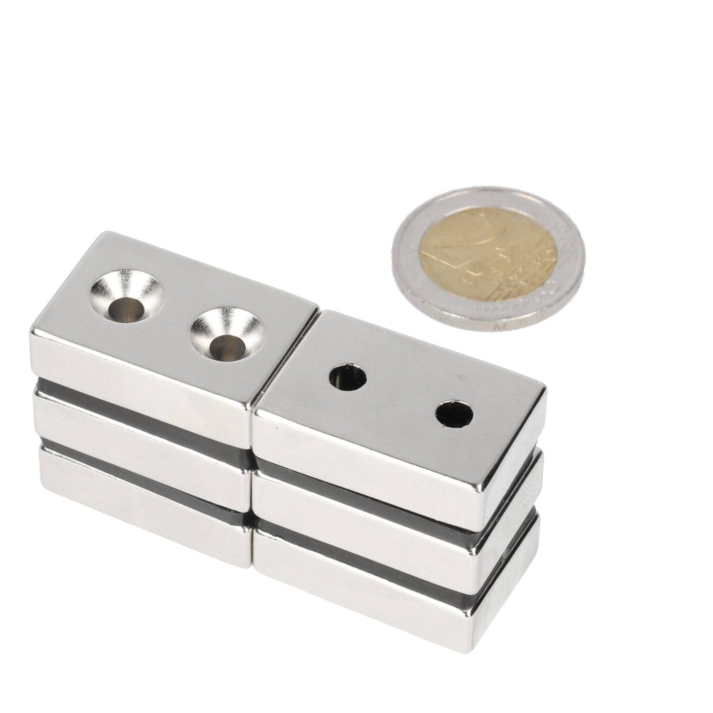 Neodymium block magnet 30x20x8 mm, N48 with 2x countersunk hole 4.5 mm (south pole)