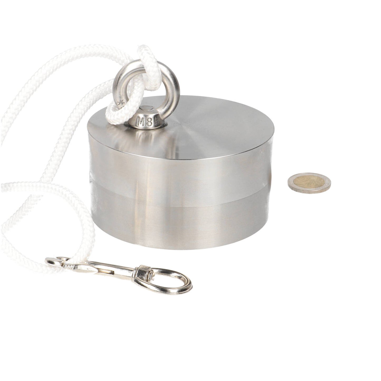 Neodymium Vismagneet Ø100 x 50 mm 500 kg Trekkracht NiCuNi – Set met 25 m Touw, Oogmoer, Bout en Musketon