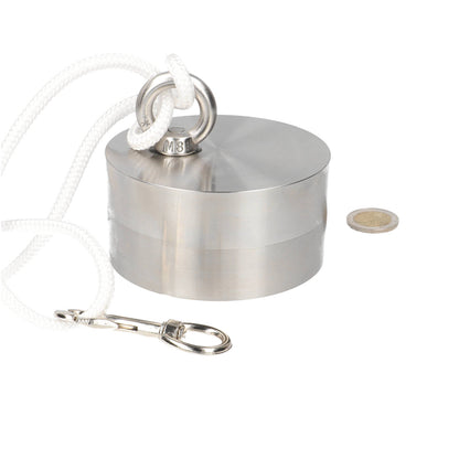Neodymium Vismagneet Ø100 x 50 mm 500 kg Trekkracht NiCuNi – Set met 25 m Touw, Oogmoer, Bout en Musketon