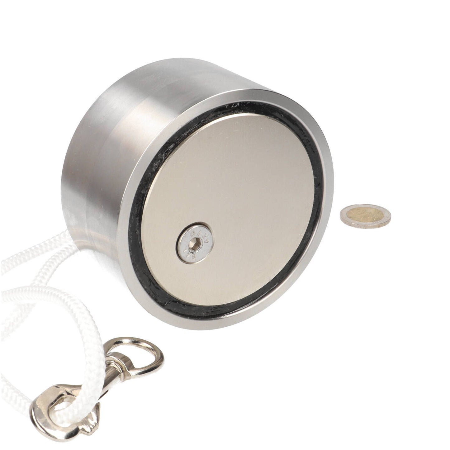 Neodymium Vismagneet Ø100 x 50 mm 500 kg Trekkracht NiCuNi – Set met 25 m Touw, Oogmoer, Bout en Musketon