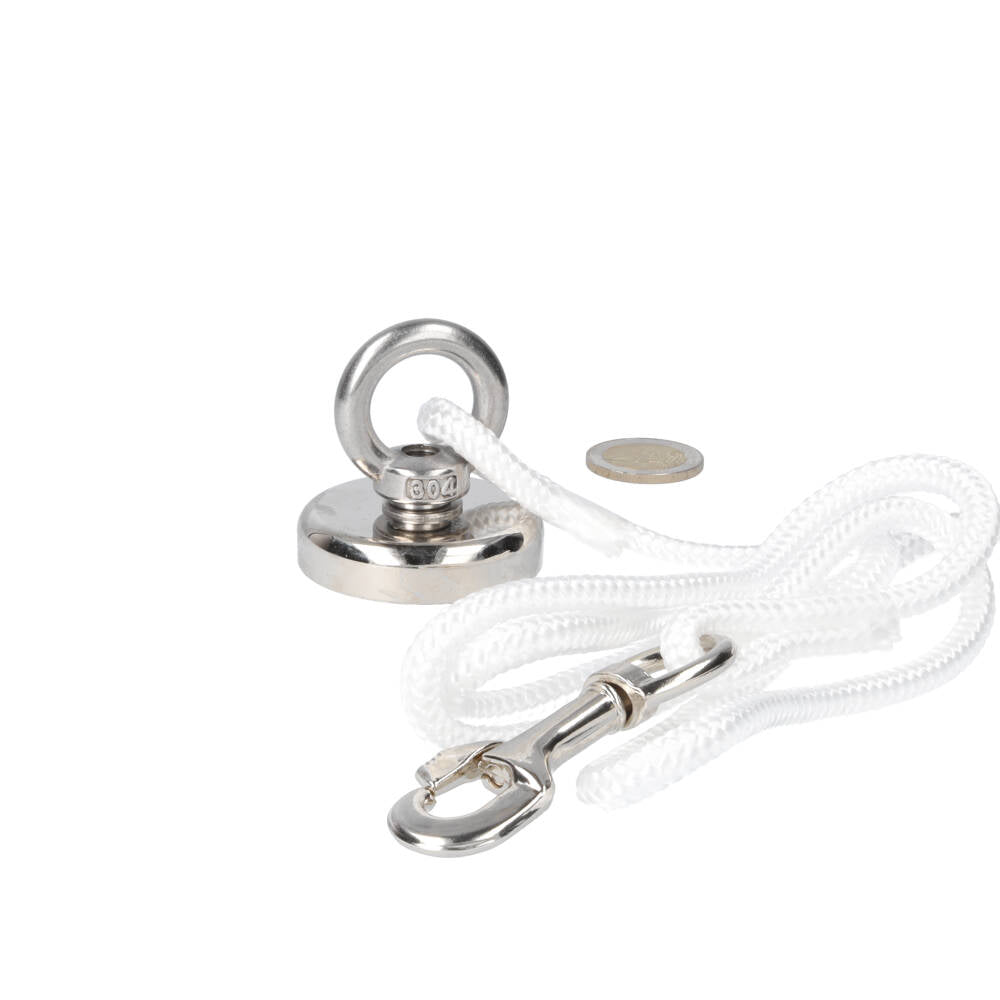 Neodymium Vismagneet Ø48 x 10 mm 88 kg Trekkracht NiCuNi – Starterset met 16 m Touw, Oogmoer en Bout