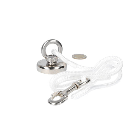 Neodymium Vismagneet Ø48 x 10 mm 88 kg Trekkracht NiCuNi – Starterset met 16 m Touw, Oogmoer en Bout