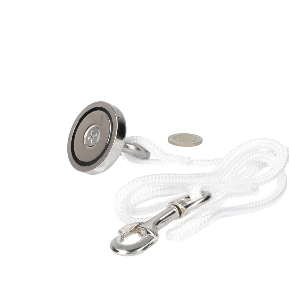 Neodymium Vismagneet Ø48 x 10 mm 88 kg Trekkracht NiCuNi – Starterset met 16 m Touw, Oogmoer en Bout
