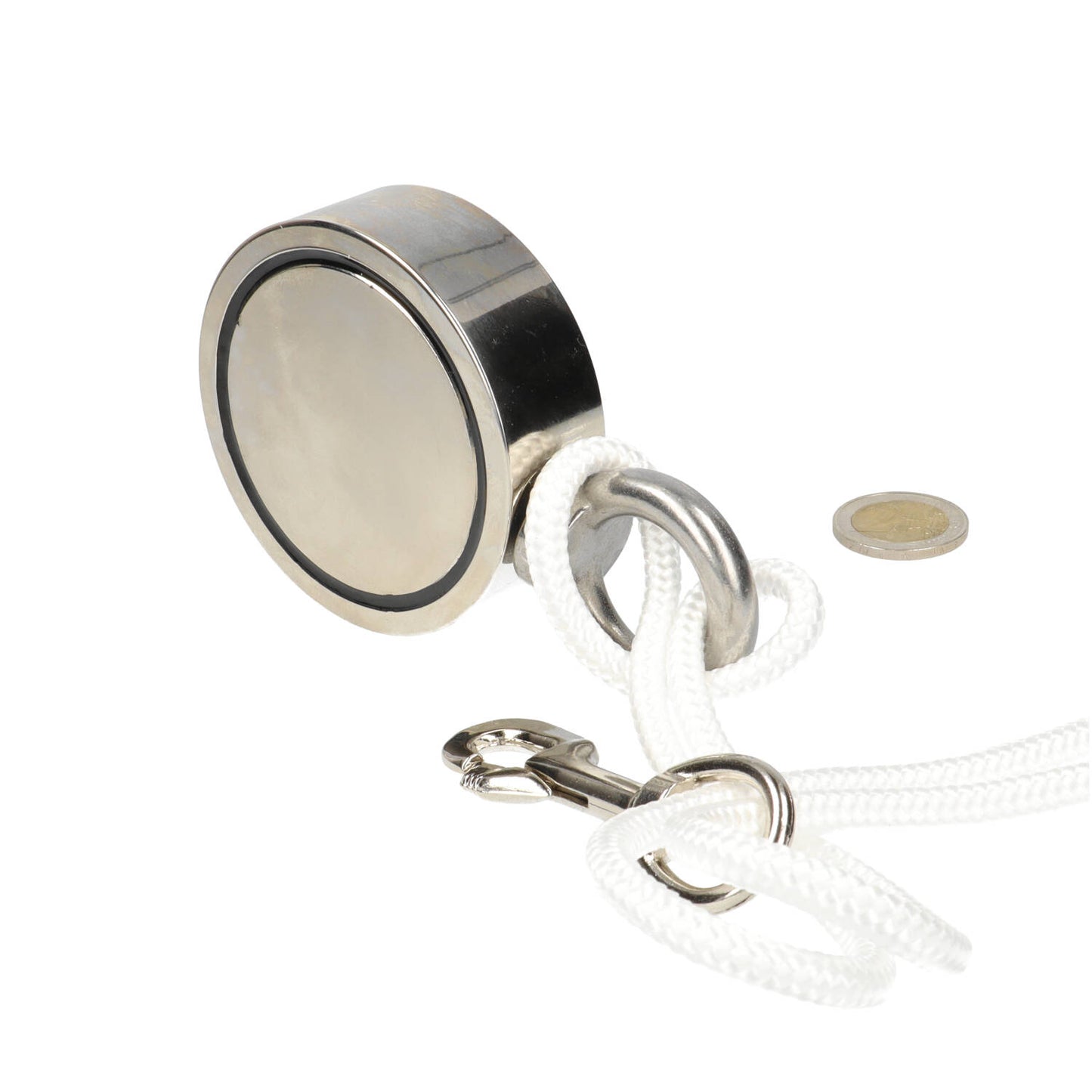 Neodymium Vismagneet Ø75 x 25 mm 250 kg Trekkracht NiCuNi – Set met 25 m Touw, Bout en Musketon