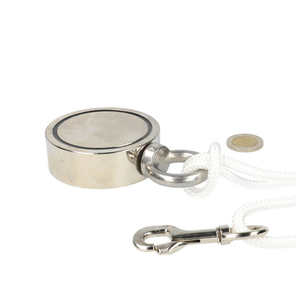 Neodymium Vismagneet Ø75 x 25 mm 250 kg Trekkracht NiCuNi – Set met 25 m Touw, Bout en Musketon