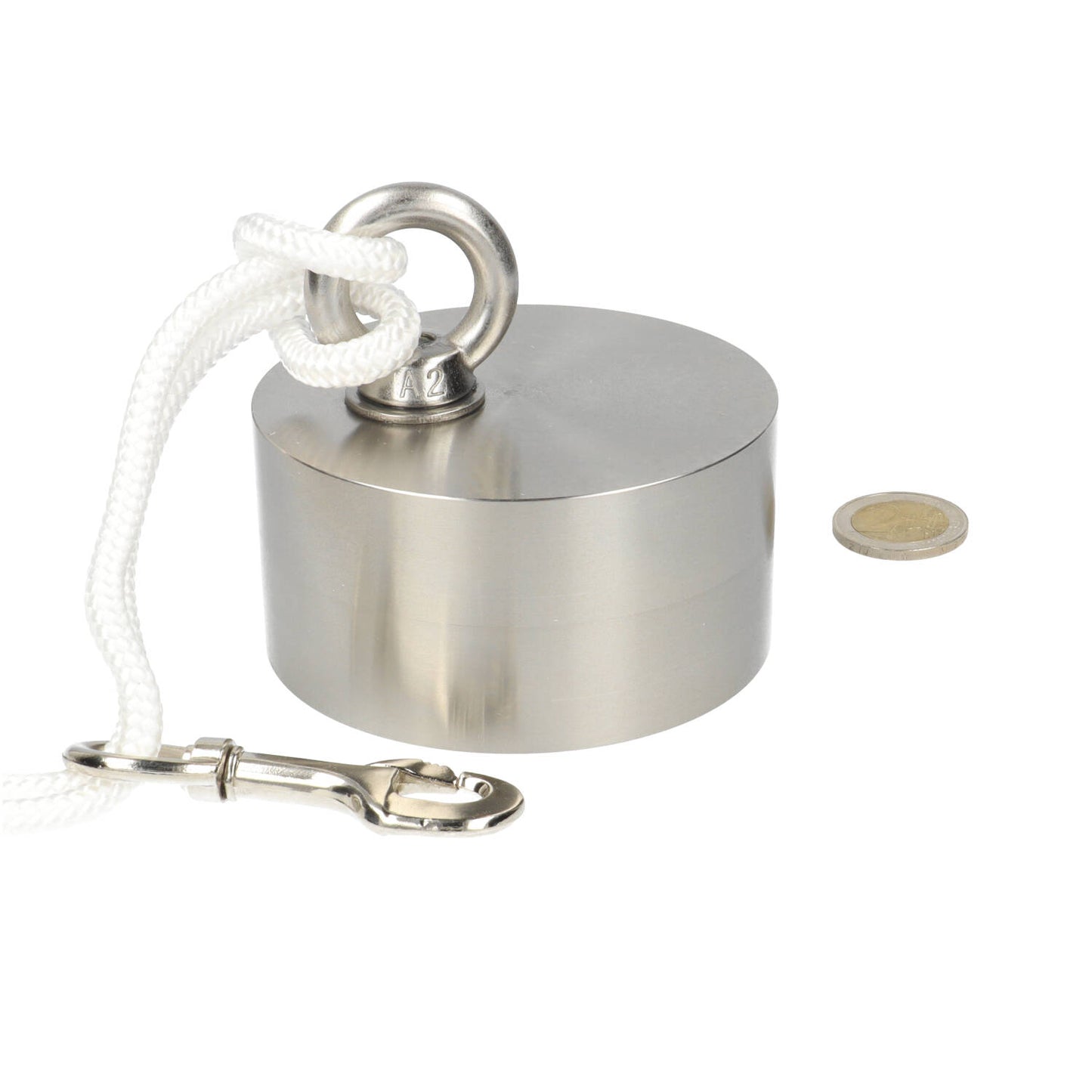 Neodymium Vismagneet Ø90 x 45 mm 360 kg Trekkracht NiCuNi – Set met 25 m Touw, Oogmoer, Bout en Musketon