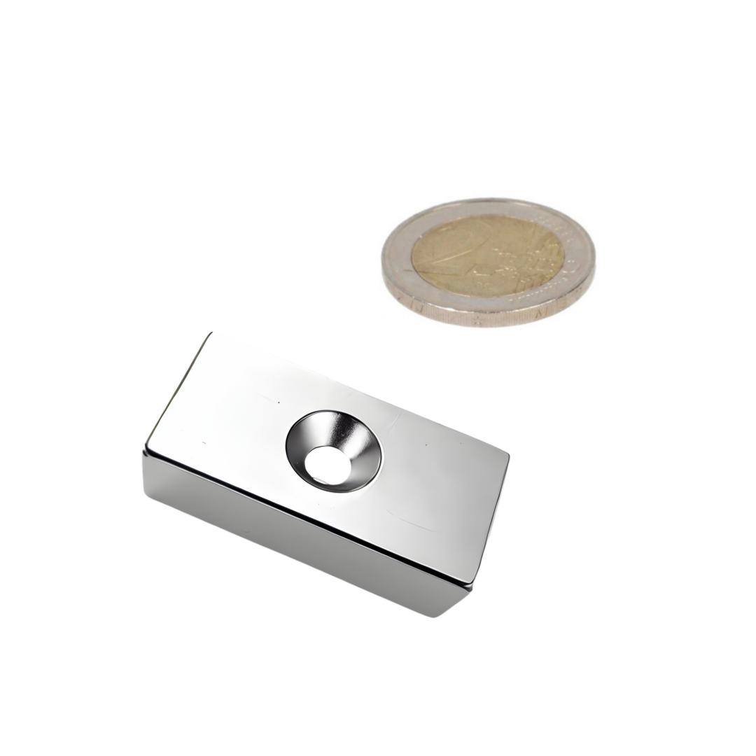 Neodymium Blokmagneet met boor-/verzinkgat 40 x 20 x 10 mm N45 NiCuNi Zuid Pool