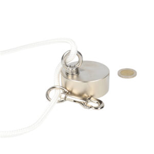 Neodymium – Vismagneet – Ø60 x 25 mm – 210 kg trekkracht – NiCuNi – set: touw 20 m, oogmoer, bout, musketon
